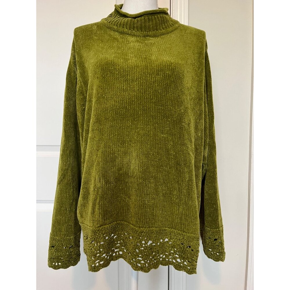Designers Studio Originals Green Ribbed Sweater Size 2X Crochet Lace Hem Hi Neck